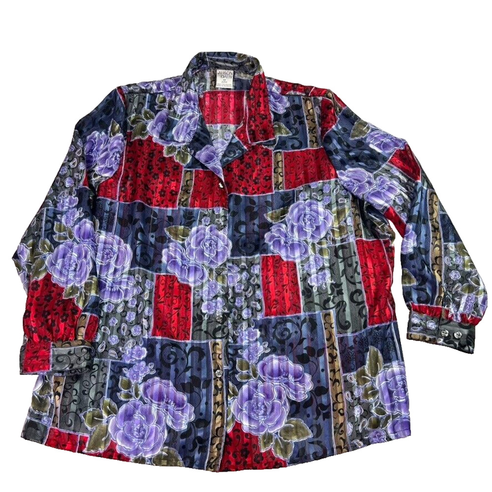 Allison Daley Shirt Women 22W Silky Sheer Floral Button Up Patchwork Vintage 90s